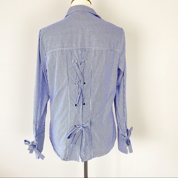 Sanctuary Tie Lace Top Pinstriped Blue Size S - Picture 2 of 8